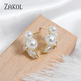 Zirconia Leaf Pearl Stud Earrings for Women Girls