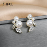 Zirconia Leaf Pearl Stud Earrings for Women Girls
