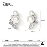 Zirconia Leaf Pearl Stud Earrings for Women Girls