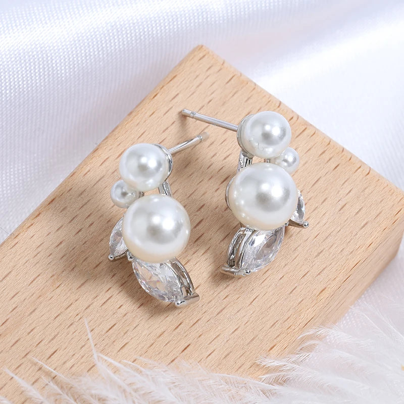Zirconia Leaf Pearl Stud Earrings for Women Girls