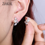 Zirconia Leaf Pearl Stud Earrings for Women Girls