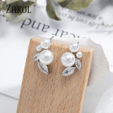 Zirconia Leaf Pearl Stud Earrings for Women Girls