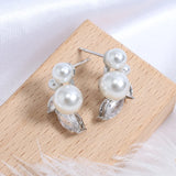 Zirconia Leaf Pearl Stud Earrings for Women Girls
