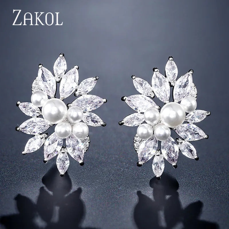 CZ Crystal Stud Earrings Flower Wedding Jewelry EP480