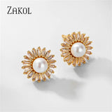 Pearl Stud Earrings CZ Flower Shape Wedding Engagement Jewelry