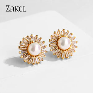 Pearl Stud Earrings CZ Flower Shape Wedding Engagement Jewelry