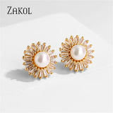 Pearl Stud Earrings CZ Flower Shape Wedding Engagement Jewelry