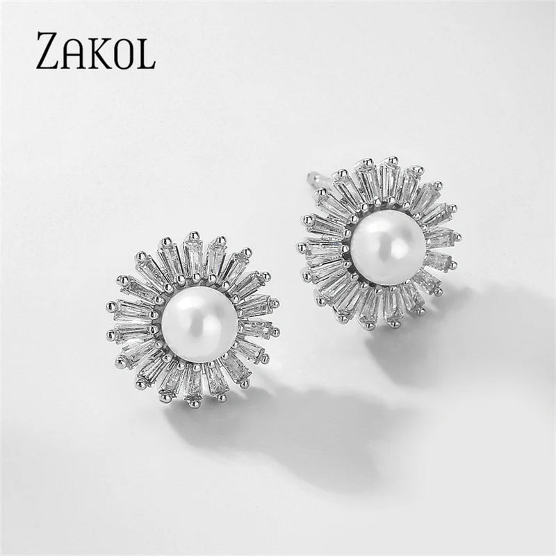 Pearl Stud Earrings CZ Flower Shape Wedding Engagement Jewelry