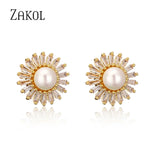 Pearl Stud Earrings CZ Flower Shape Wedding Engagement Jewelry