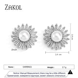 Pearl Stud Earrings CZ Flower Shape Wedding Engagement Jewelry