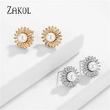Pearl Stud Earrings CZ Flower Shape Wedding Engagement Jewelry