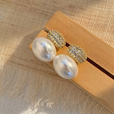 Oval Pearl Stud Earrings Geometric CZ Wedding Party Jewelry