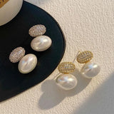Oval Pearl Stud Earrings Geometric CZ Wedding Party Jewelry