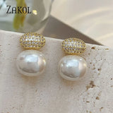 Oval Pearl Stud Earrings Geometric CZ Wedding Party Jewelry