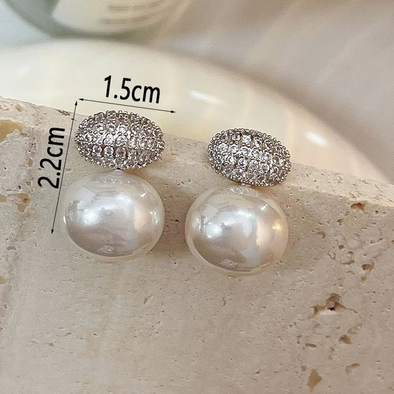 Oval Pearl Stud Earrings Geometric CZ Wedding Party Jewelry