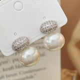 Oval Pearl Stud Earrings Geometric CZ Wedding Party Jewelry