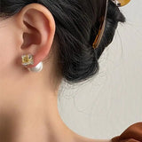 Pearl Stud Earrings Square Zirconia Wedding Jewelry