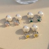 Pearl Stud Earrings Square Zirconia Wedding Jewelry