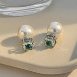 Pearl Stud Earrings Square Zirconia Wedding Jewelry