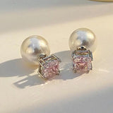 Pearl Stud Earrings Square Zirconia Wedding Jewelry