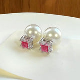 Pearl Stud Earrings Square Zirconia Wedding Jewelry