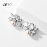 Pearls Flower Stud Earrings for Women Water Drop Zirconia Bridal