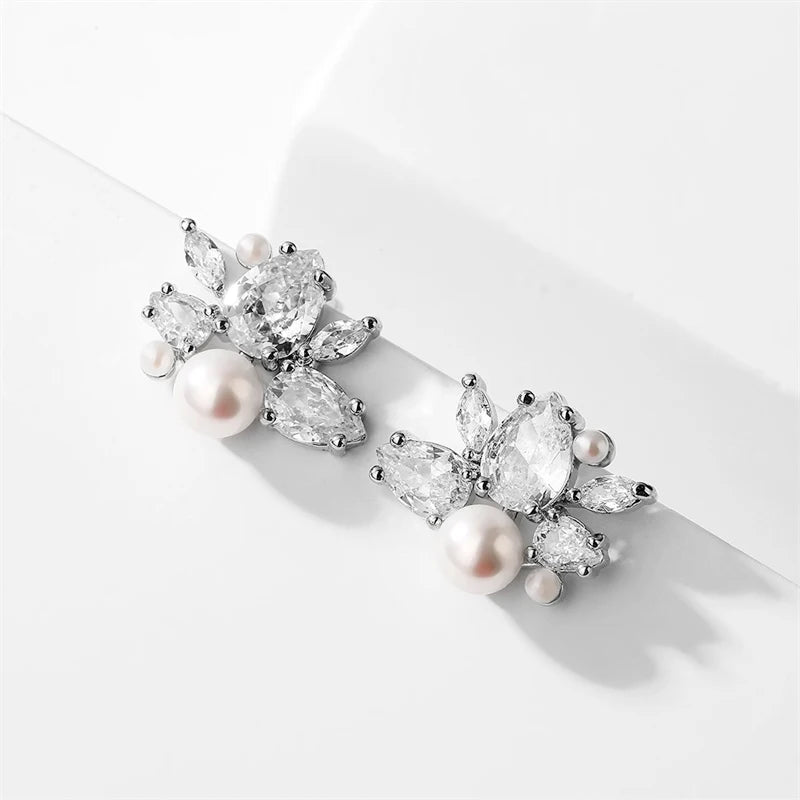 Pearls Flower Stud Earrings for Women Water Drop Zirconia Bridal