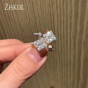 Geometric CZ Engagement Ring Double Layer Square Design