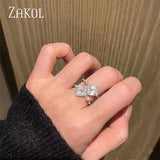 Geometric CZ Engagement Ring Double Layer Square Design