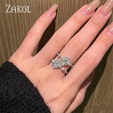 Geometric CZ Engagement Ring Double Layer Square Design