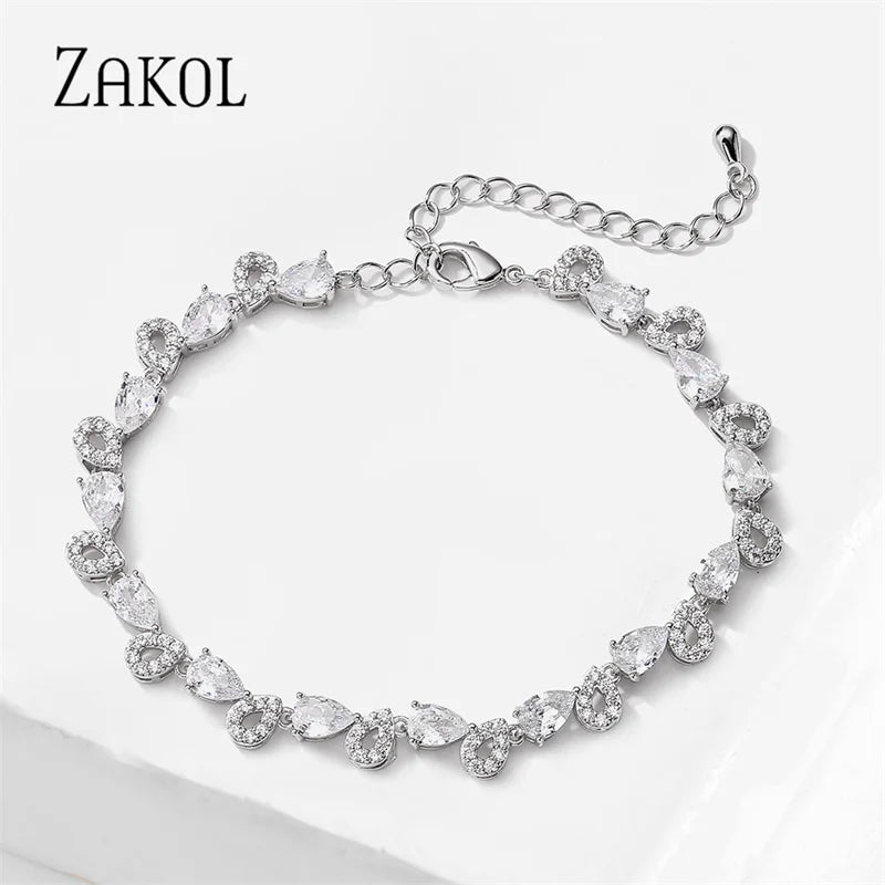 Water Drop CZ Chain Bracelet Leaf Bridal Party Jewelry
