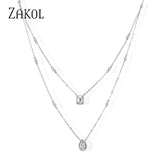 Double Chain Square Water Drop CZ Pendant Choker Necklace for Women