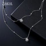 Double Chain Square Water Drop CZ Pendant Choker Necklace for Women