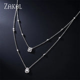 Double Chain Square Water Drop CZ Pendant Choker Necklace for Women