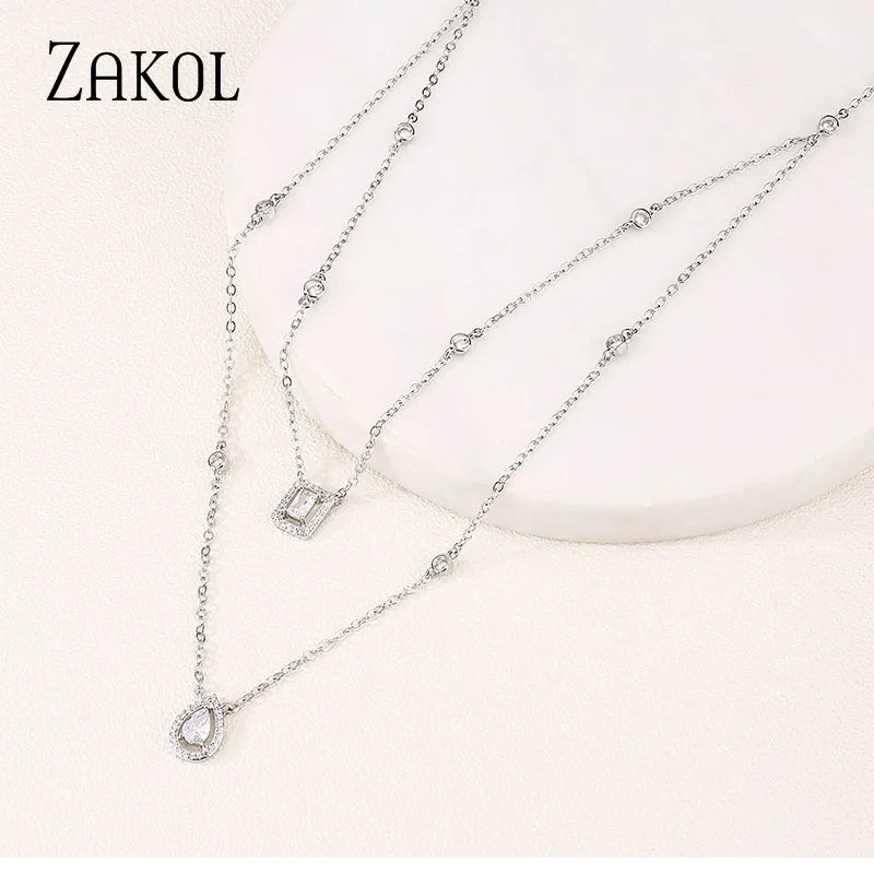 Double Chain Square Water Drop CZ Pendant Choker Necklace for Women