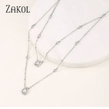 Double Chain Square Water Drop CZ Pendant Choker Necklace for Women