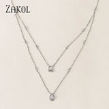 Double Chain Square Water Drop CZ Pendant Choker Necklace for Women