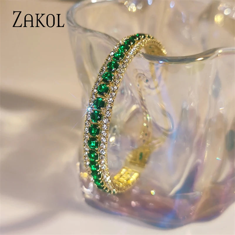 Green CZ Cuff Bracelet Adjustable Bangle for Women