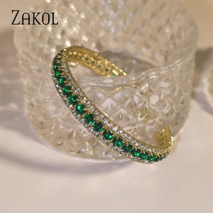 Green CZ Cuff Bracelet Adjustable Bangle for Women