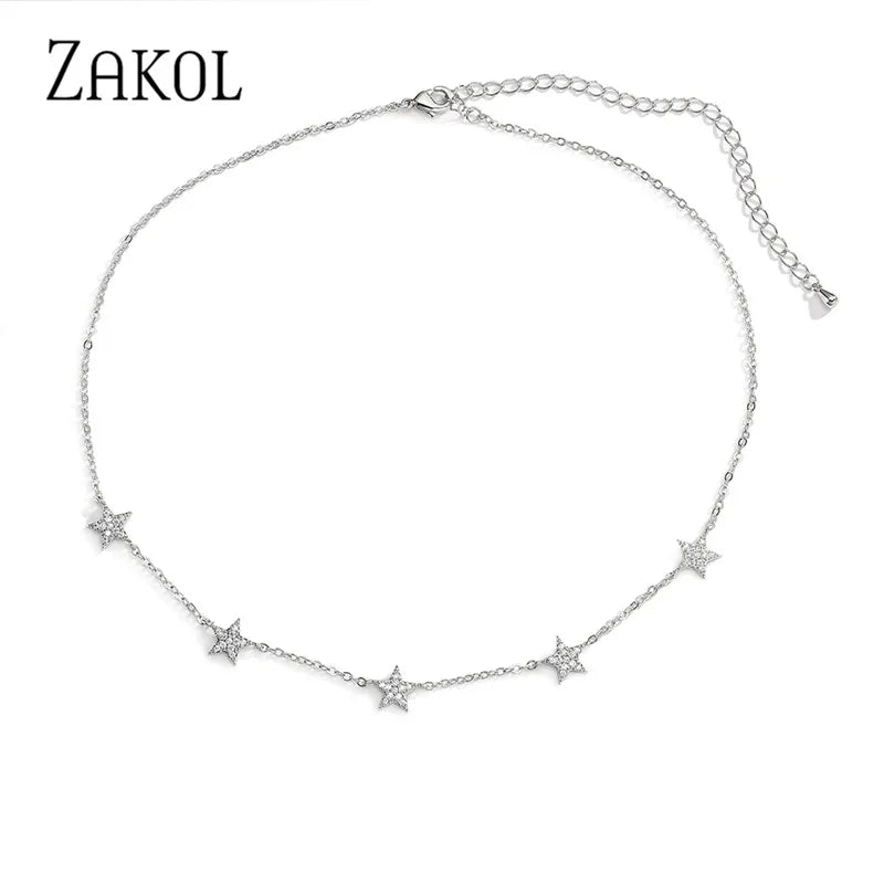Silver Star Choker with CZ Zirconia, Women Girl Jewelry