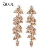 Sliver Leaf Long Bridal Earrings Marquise CZ Drop Wedding Jewelry