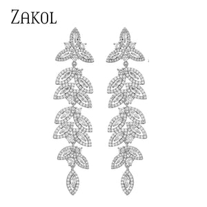 Sliver Leaf Long Bridal Earrings Marquise CZ Drop Wedding Jewelry