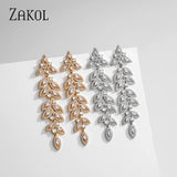 Sliver Leaf Long Bridal Earrings Marquise CZ Drop Wedding Jewelry