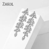 Sliver Leaf Long Bridal Earrings Marquise CZ Drop Wedding Jewelry