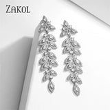 Sliver Leaf Long Bridal Earrings Marquise CZ Drop Wedding Jewelry