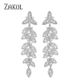 Sliver Leaf Long Bridal Earrings Marquise CZ Drop Wedding Jewelry