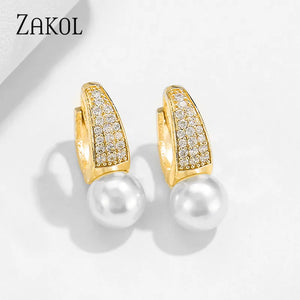 CZ Zircon & Simulated Pearl Hoop Earrings for Women Wedding Jewelry FSEP2463