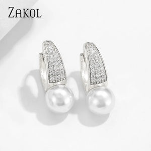 CZ Zircon & Simulated Pearl Hoop Earrings for Women Wedding Jewelry FSEP2463