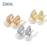 CZ Zircon & Simulated Pearl Hoop Earrings for Women Wedding Jewelry FSEP2463