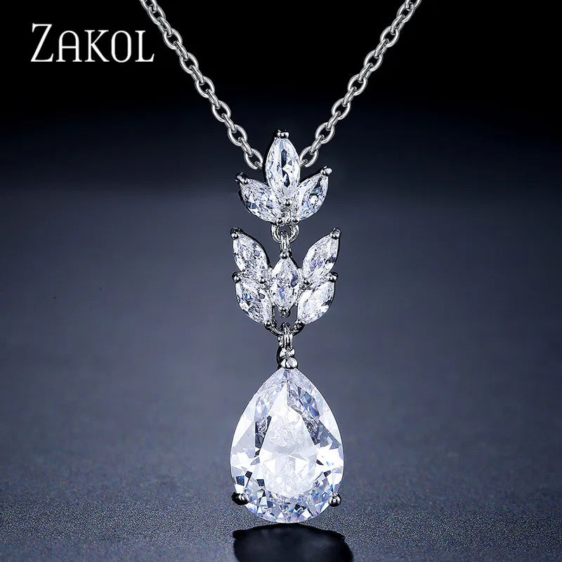 Leaf Pendant Necklace with Cubic Zirconia for Women